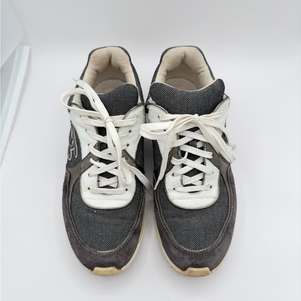 CHANEL Suede Calfskin Authentic CC Sneakers Size 38.5 Dark Grey, White,& Silver - Picture 4 of 12